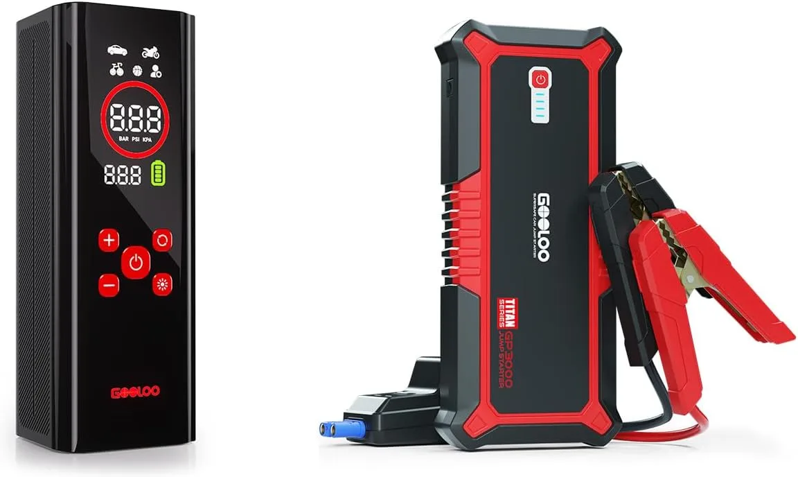 GOOLOO GP3000 Jump Starter Red GOOLOO AP150 PRO Tire Inflator Portable Air Compressor product photograph