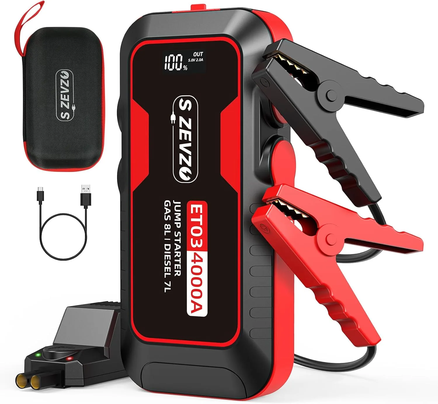 S ZEVZO ET03 Car Jump Starter 4000A Jump Starter Battery Pack for Up to 8.0L Gas and product photograph