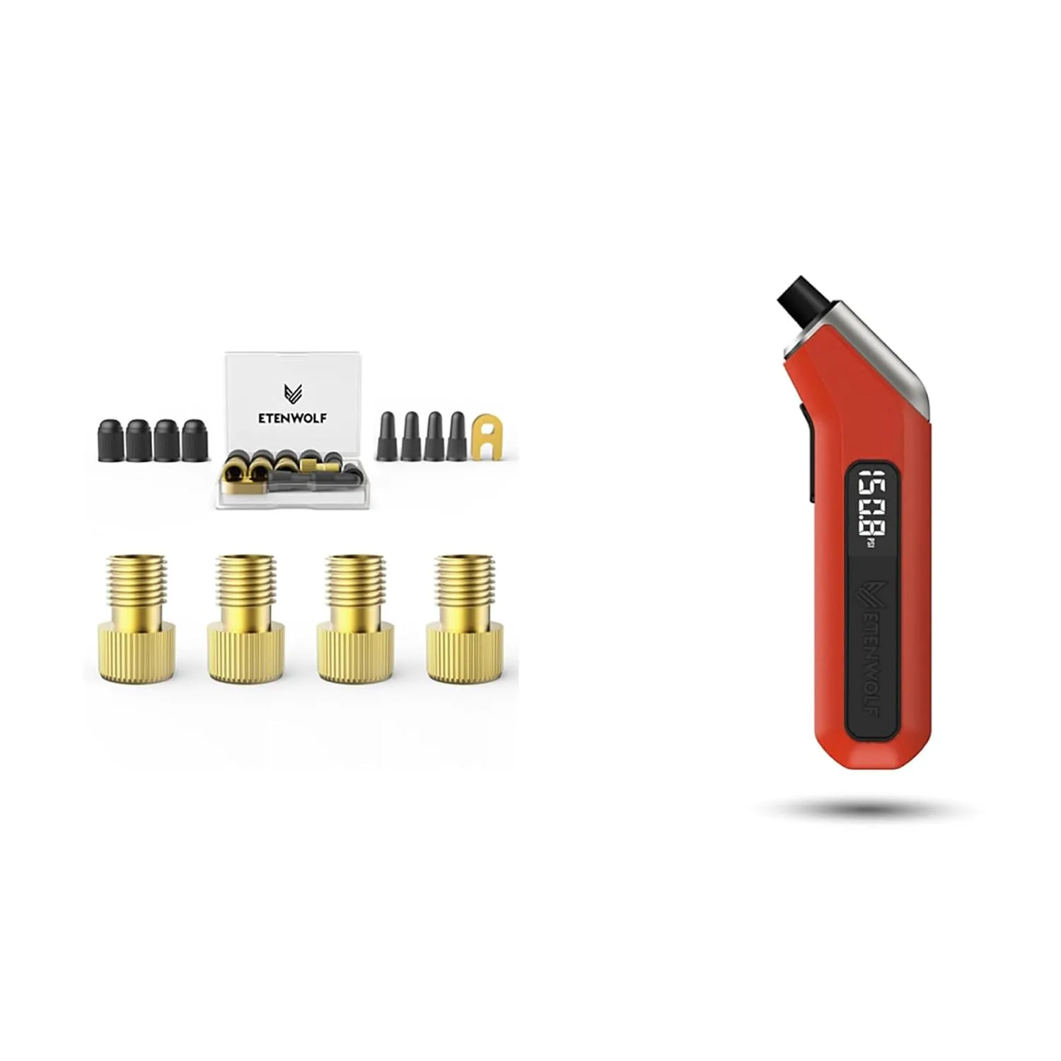 ETENWOLF T300 Digital Tire Pressure Gauge & Brass Presta Valve Adapter product photograph