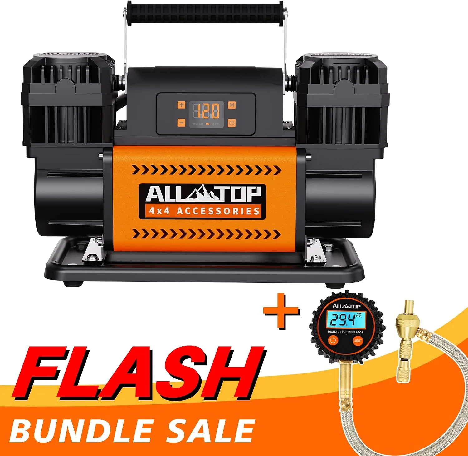 ALL-TOP Dual Cylinder Air Compressor w/LCD Control Panel with Digital Tire Deflator Kit product photograph