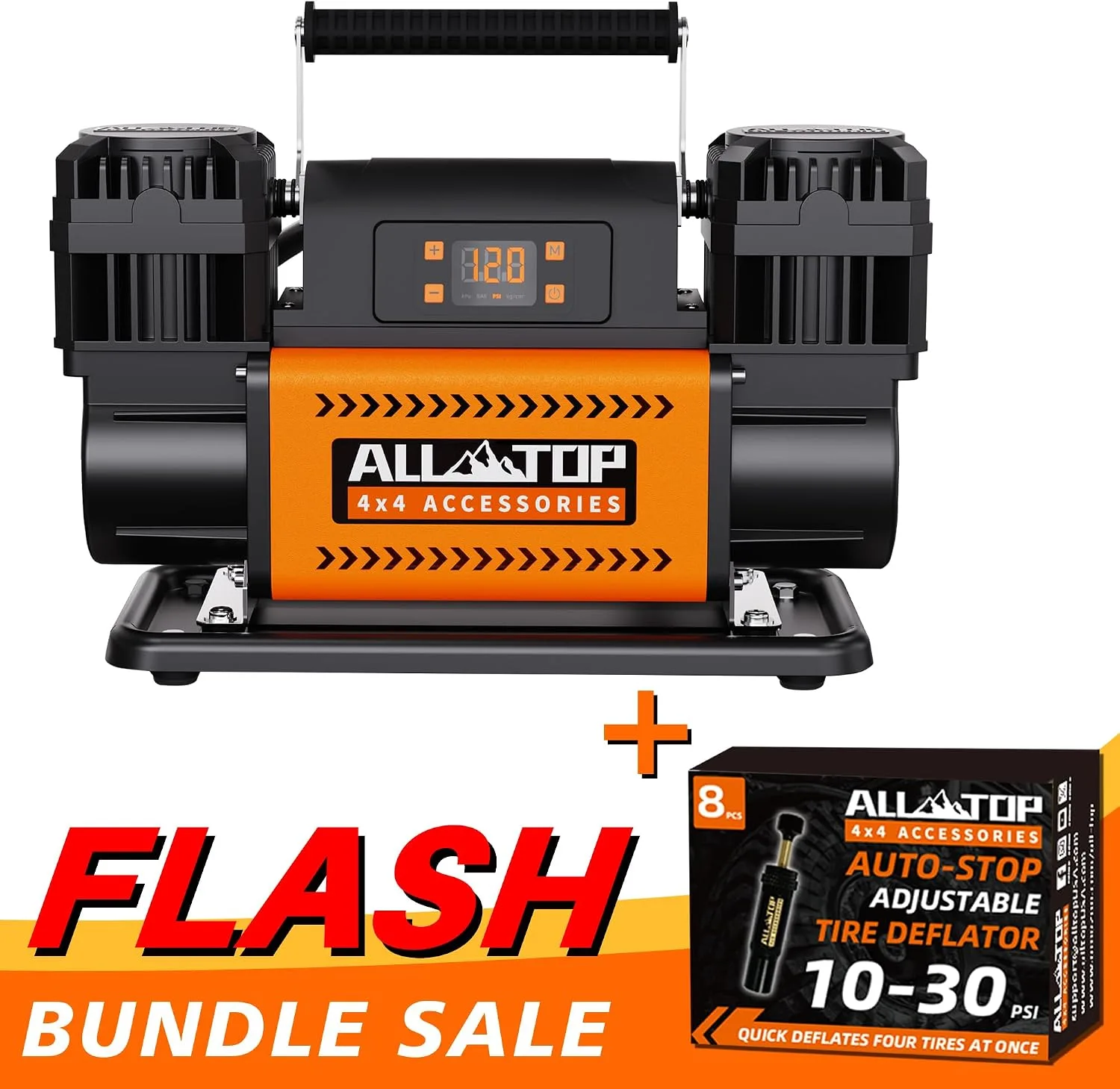 ALL-TOP Dual Cylinder Air Compressor w/LCD Control Panel with 8pcs Tire Deflator Kit product photograph
