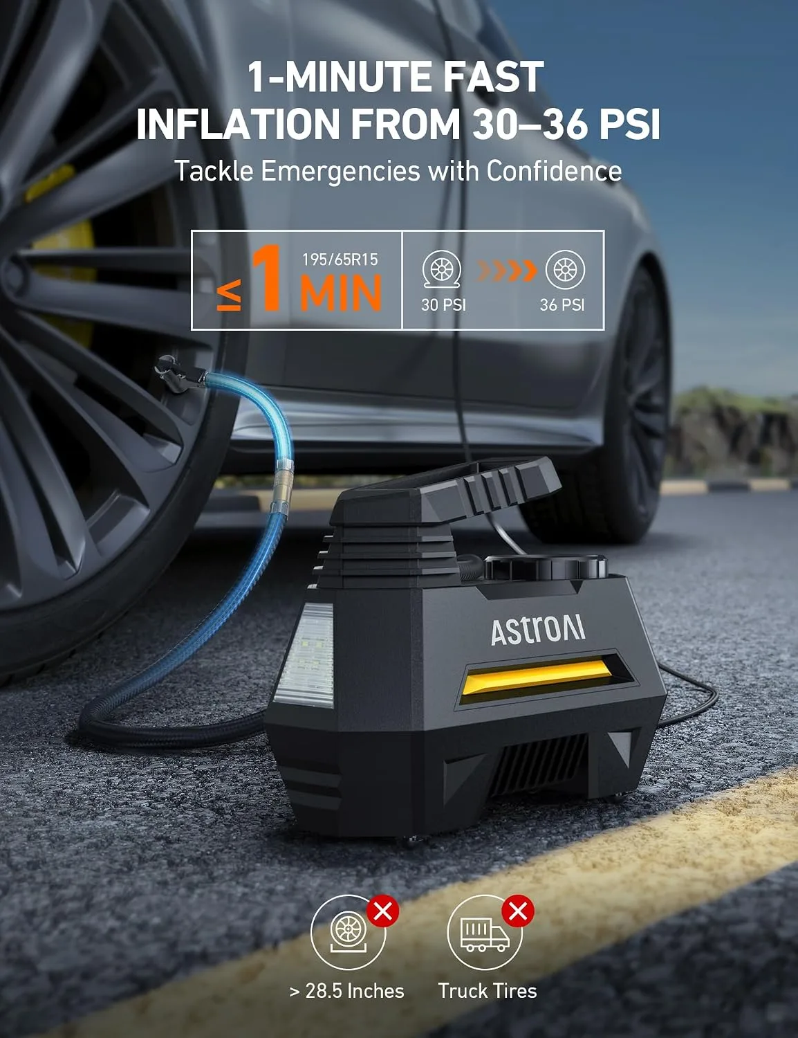AstroAI Air Compressor Tire Inflator and Cigarette Lighter Extension Cord 12FT Bundle product photograph