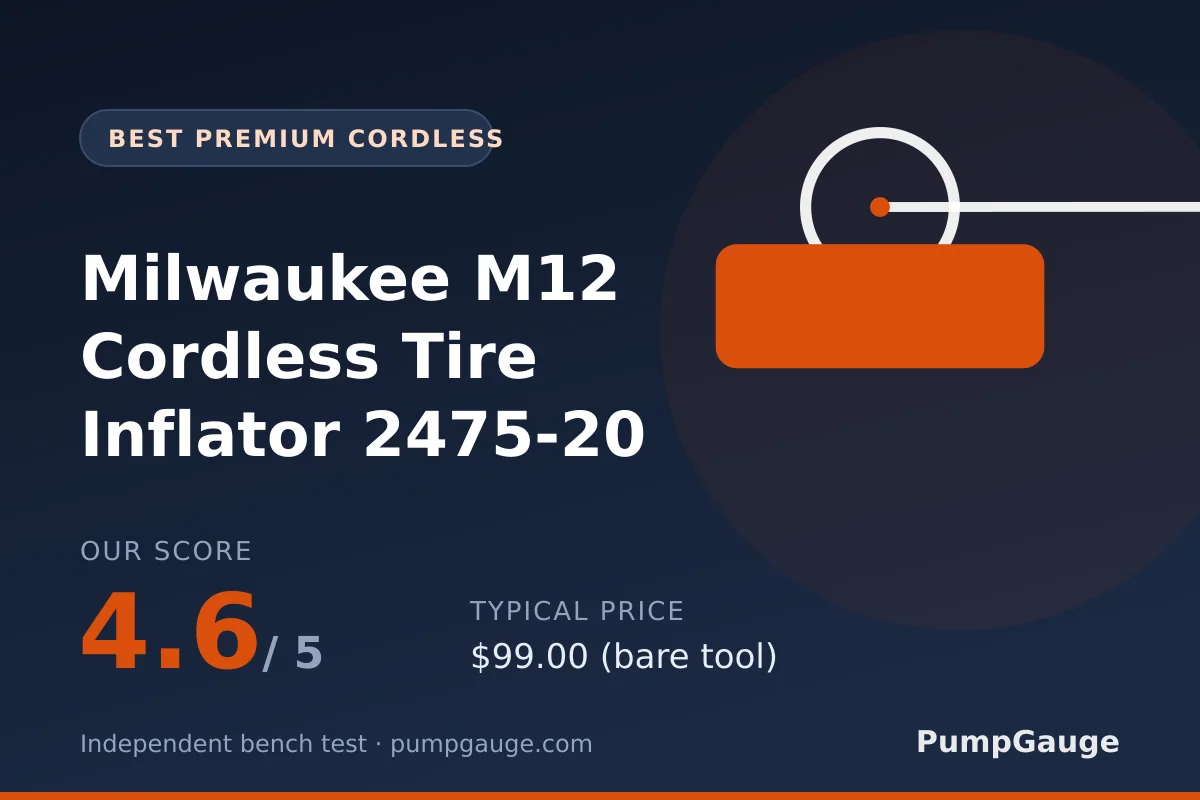 Milwaukee M12 Cordless Tire Inflator 2475-20 — portable air compressor reviewed by PumpGauge